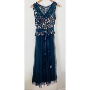 Xscape Blue Formal Gown - Navy Blue Maxi Lace Top Evening Gown Dress